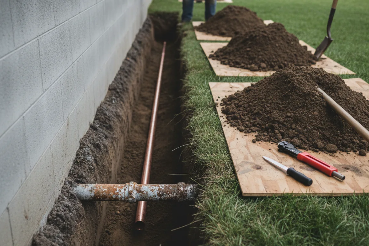 Excavated water line trench during Sewer Line Repair in Evans